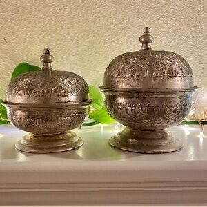 2 Moroccan Silver Plated Ornate Hand Carved Footed Sugar Bowl Trinket Caddy Lids